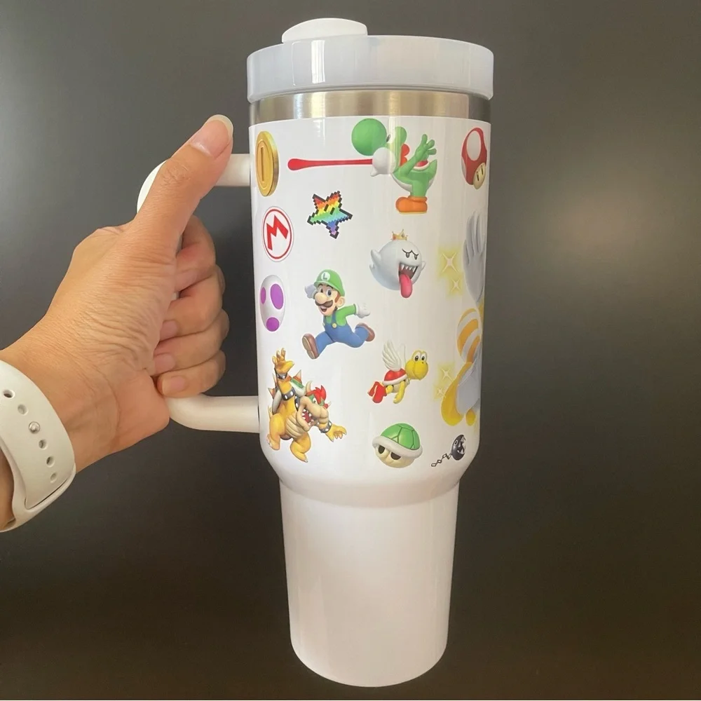 Custom 40 oz Tumbler Nintendo Super Mario Bros tumbler with hand carry handle.